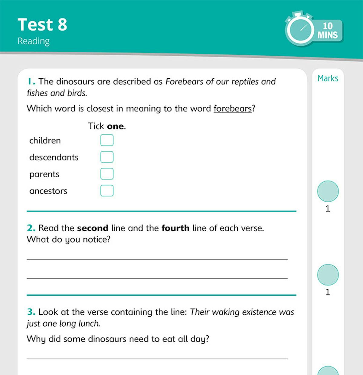 Sample reading test page showing comprehension questions based on a poetry extract