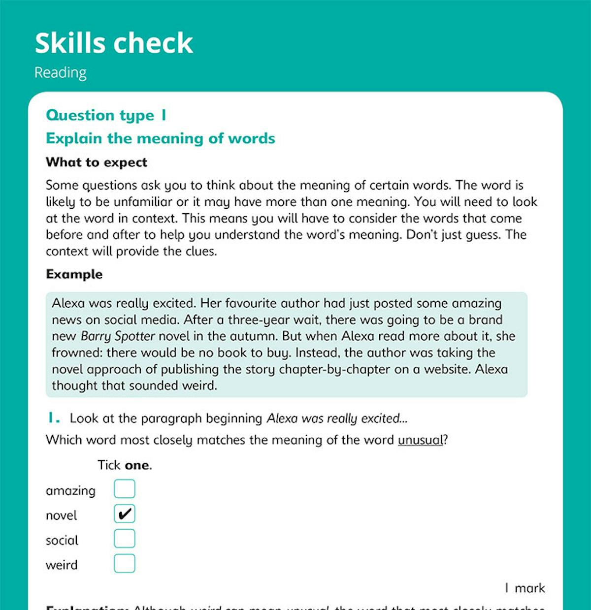Skills check page explaining question types and providing worked examples with explanations