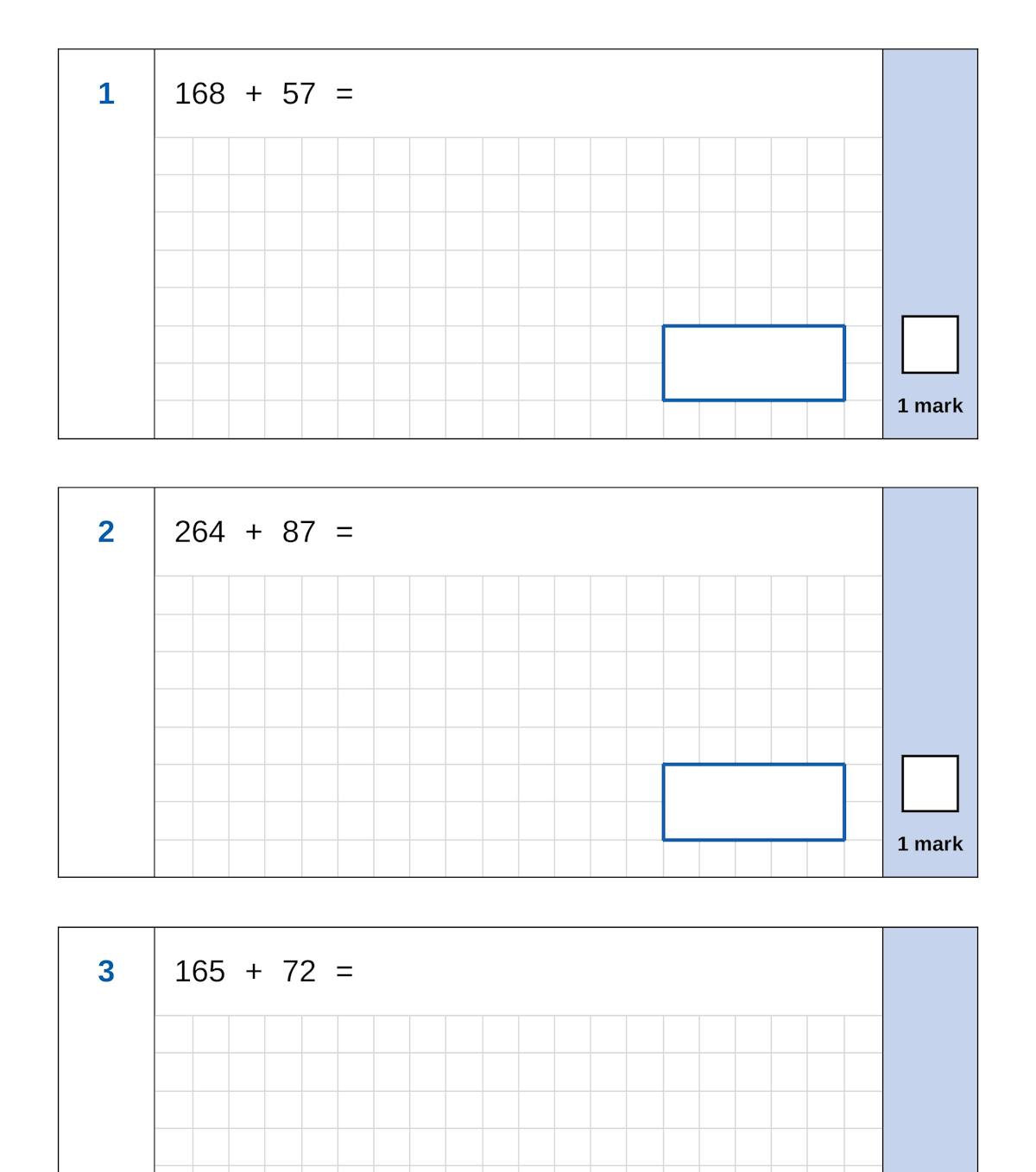 Year 5 arithmetic paper showing columnar addition questions with multi-digit numbers and grid space for calculation