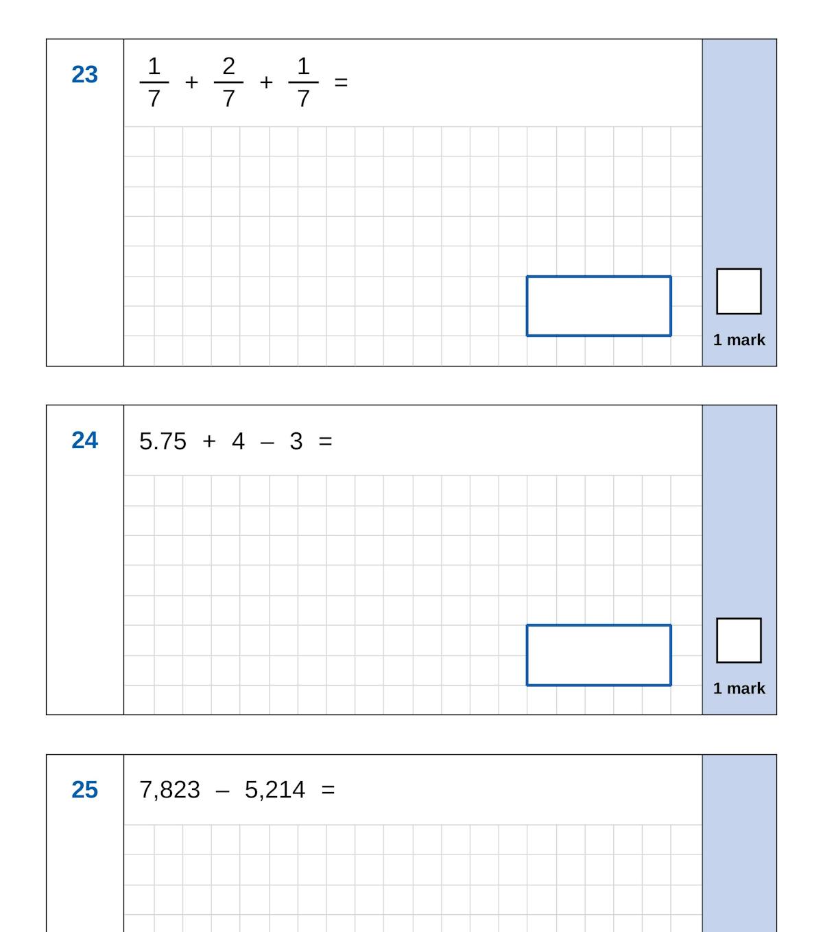 Sample arithmetic questions showing fraction addition and multi-step calculations