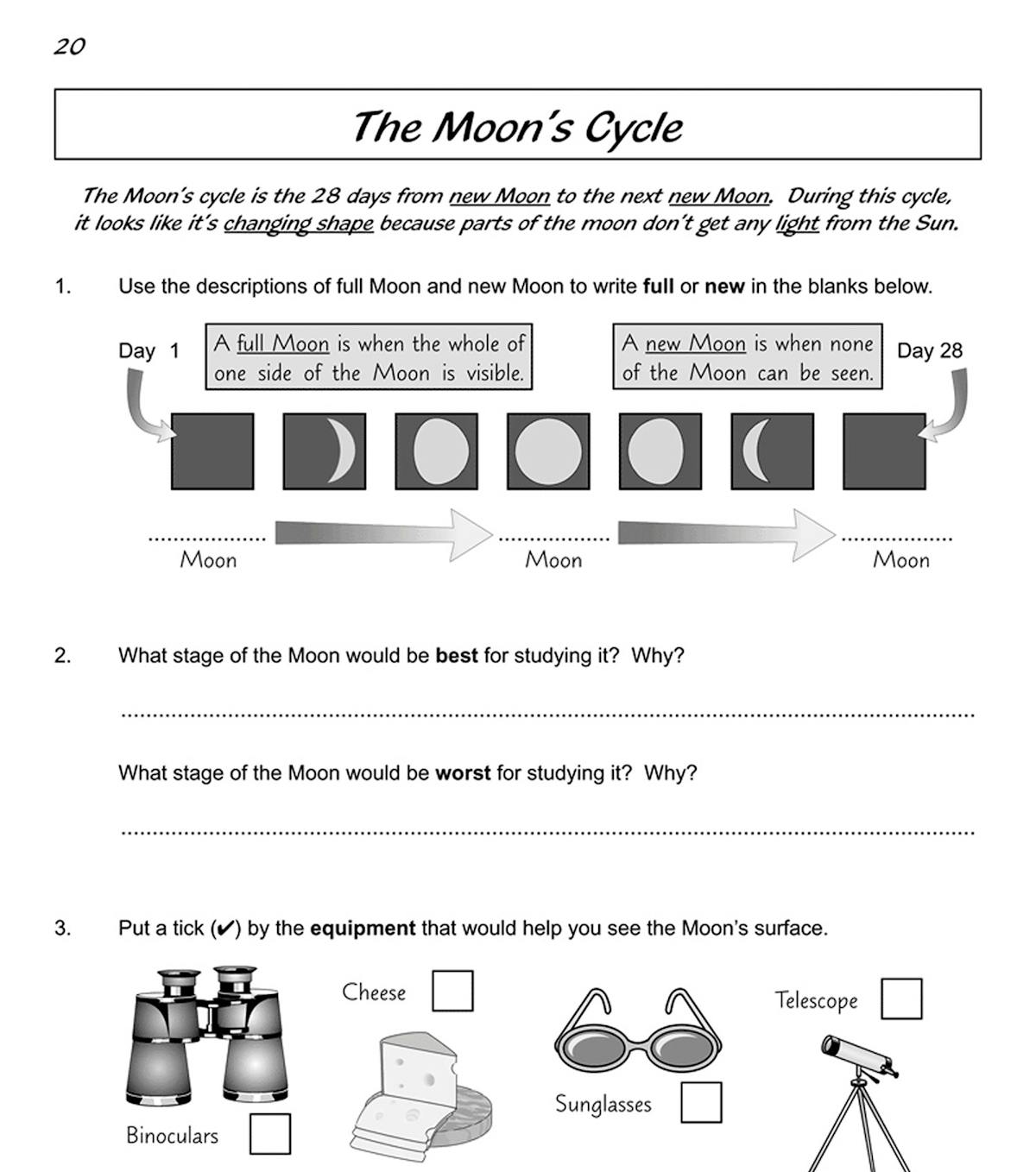 Sample workbook page showing moon definitions and multiple-choice questions
