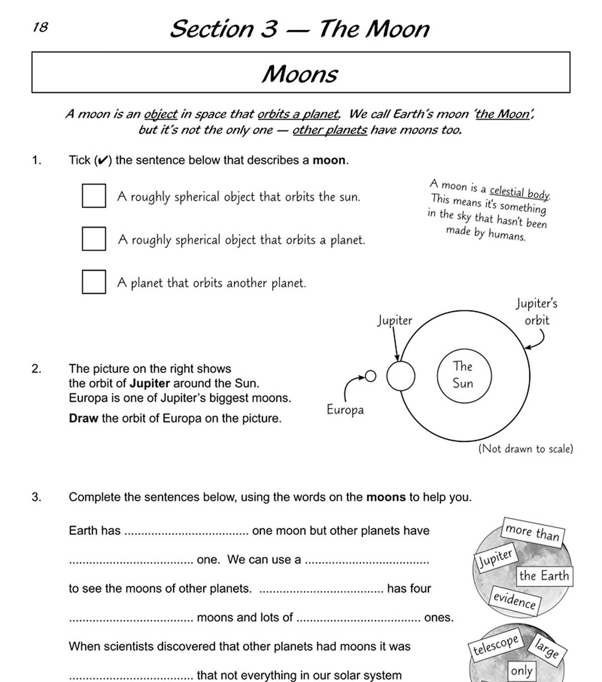 Sample page from the Earth and Space workbook featuring questions about moons and planetary orbits