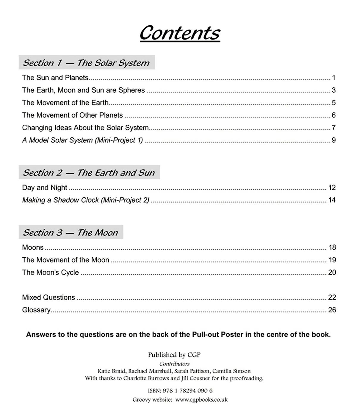 Contents page showing The Solar System, The Earth and Sun, and The Moon sections with mini-projects and mixed questions