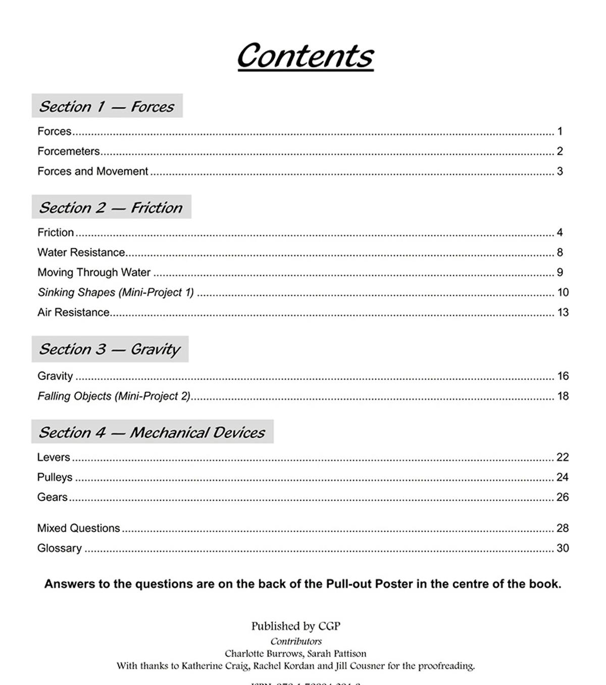 Contents page displaying Forces, Friction, Gravity and Mechanical Devices sections with mini-projects and glossary