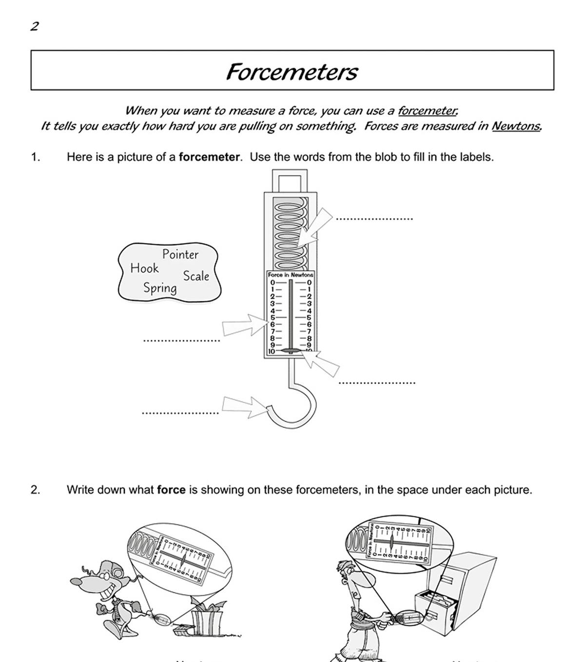 Sample page from the Forces and Mechanical Devices workbook showing forcemeter diagrams and practice questions