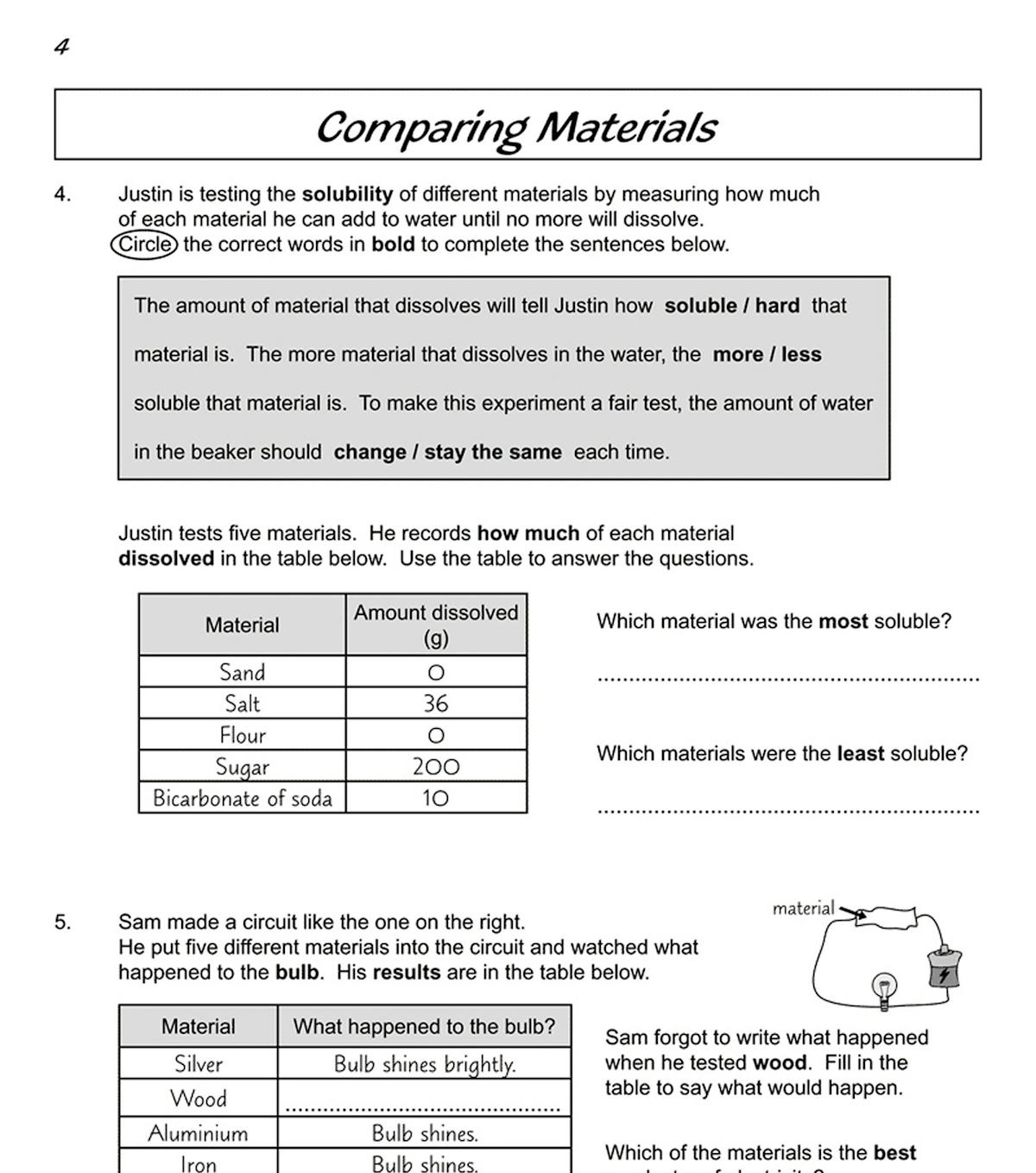 Comparing Materials worksheet with solubility data table and circuit questions