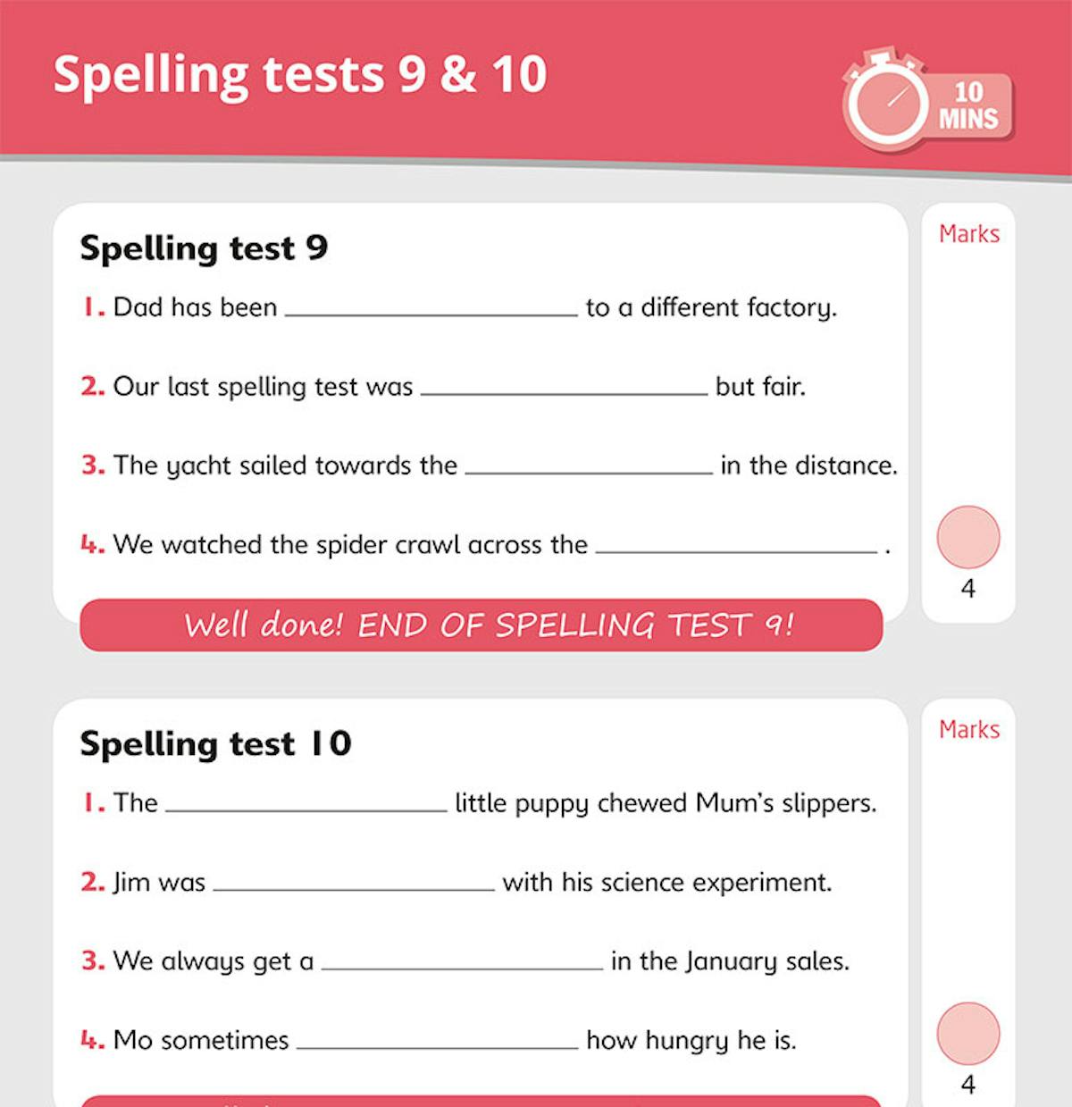 Two example spelling tests showing fill-in-the-blank questions and congratulations messages