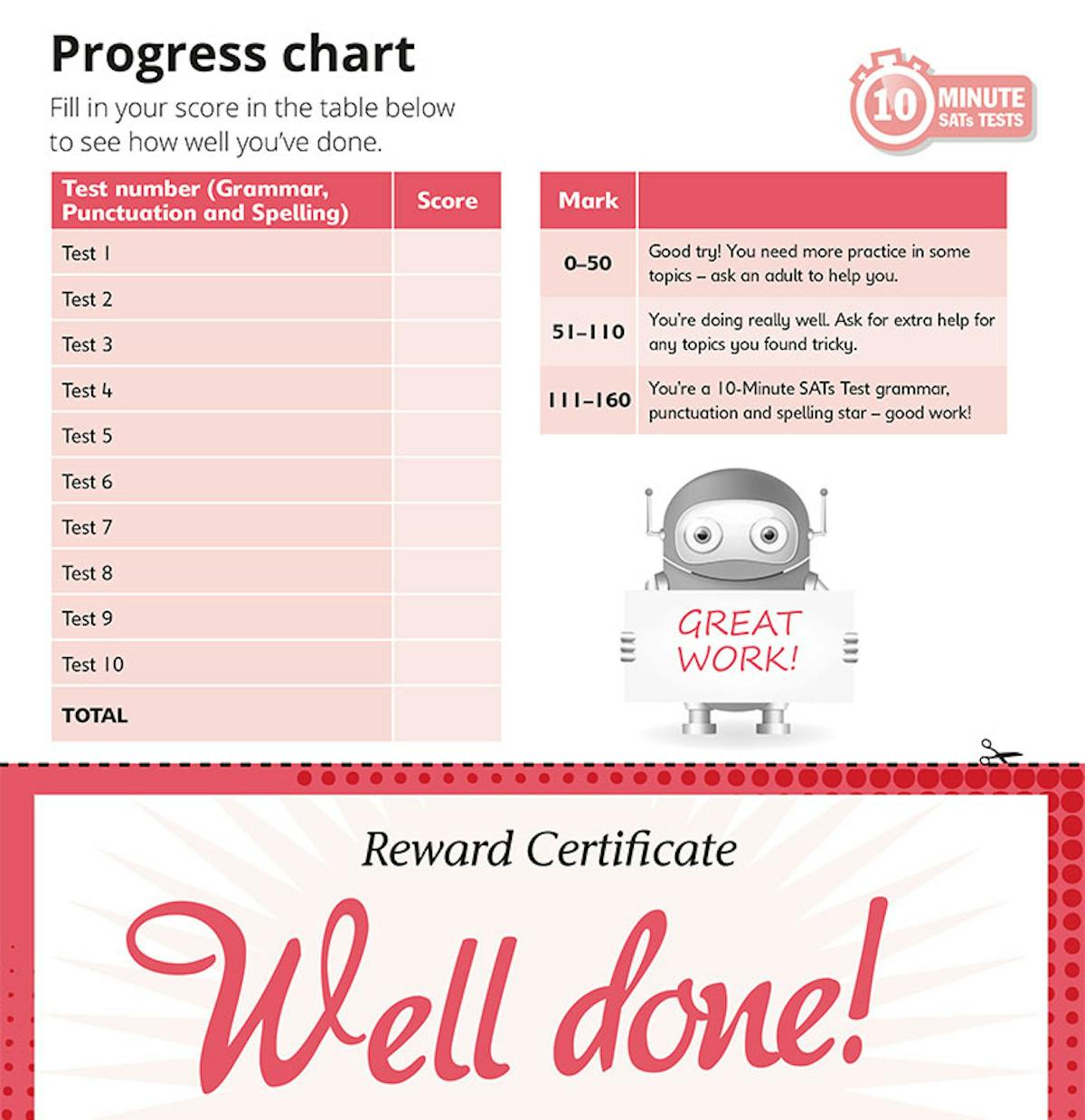 Progress chart and reward certificate from the SPaG 10-Minute Tests book