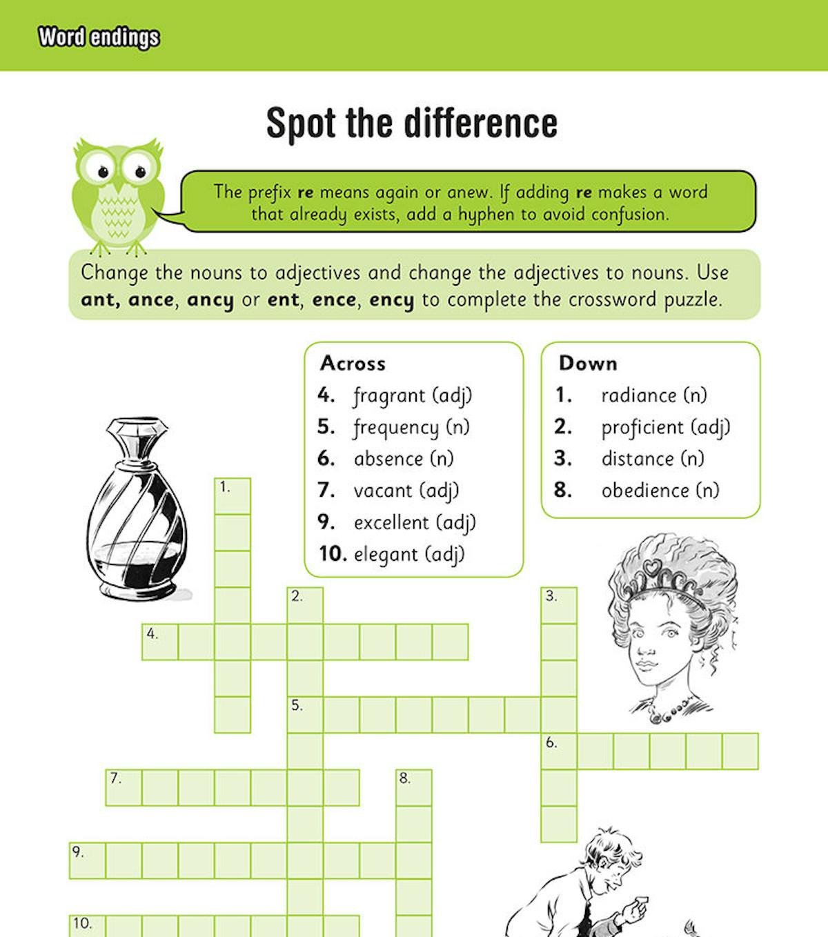 Sample page from the Year 5 Spelling and Vocabulary Workbook showing a crossword puzzle on word endings