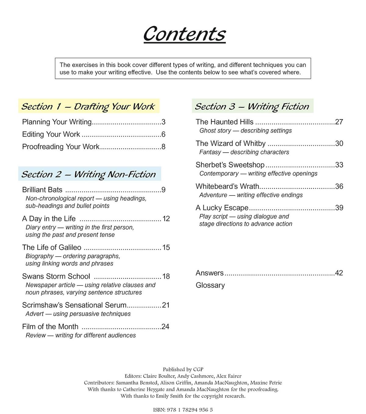 Contents page from the Year 5 Writing Workbook showing sections on drafting, non-fiction and fiction writing