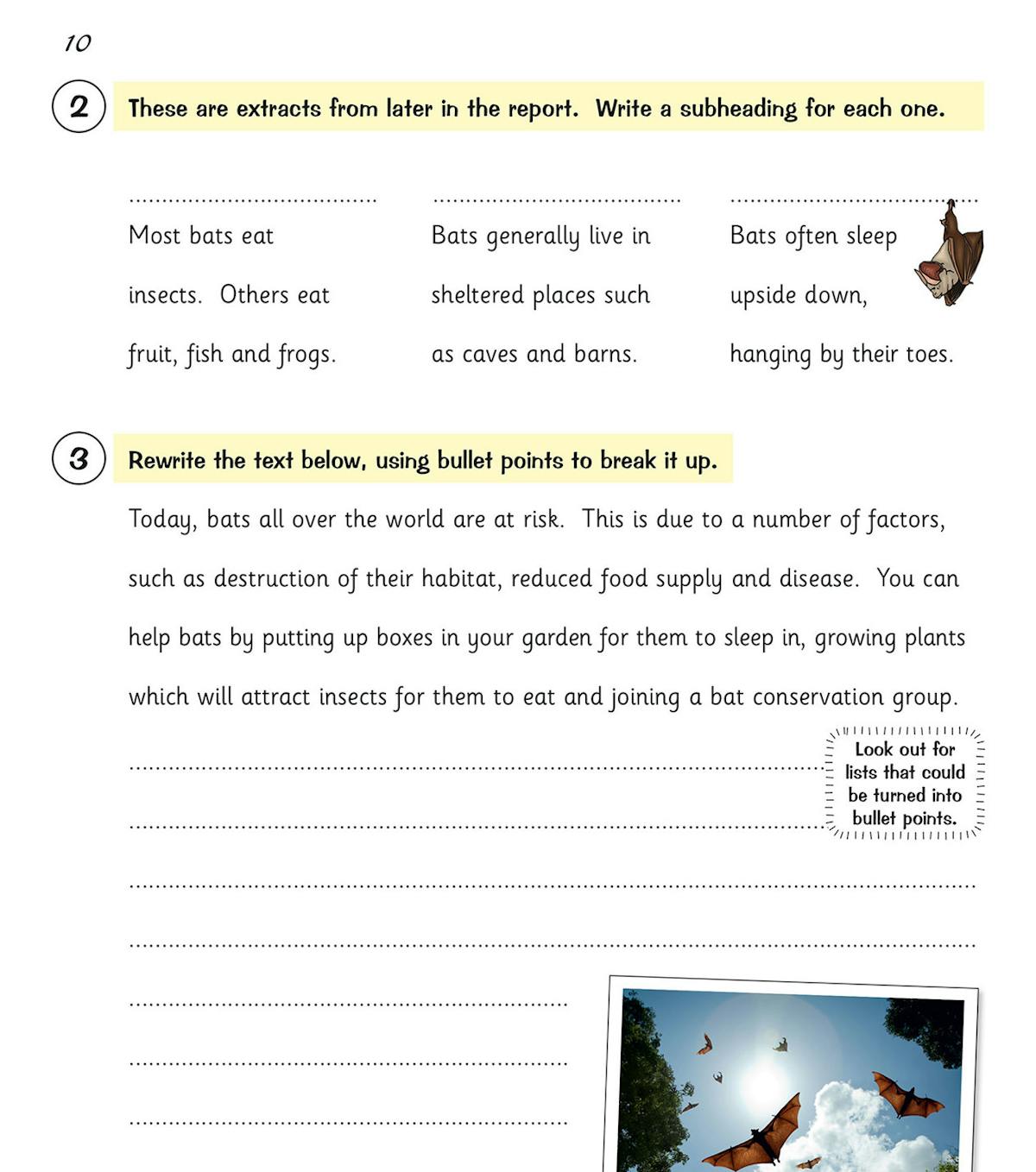 Inside page of Year 5 Writing Workbook showing practical writing tasks with space for pupils to write subheadings and rewrite text using bullet points