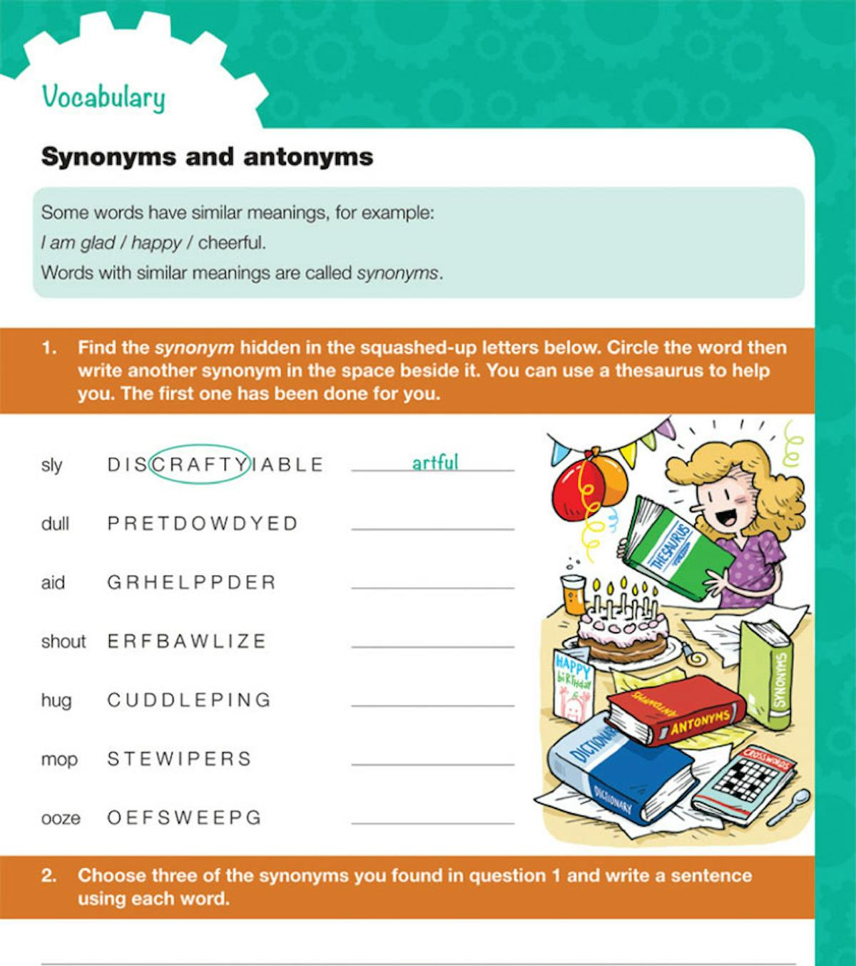 Sample vocabulary exercise page showing synonyms and antonyms activities
