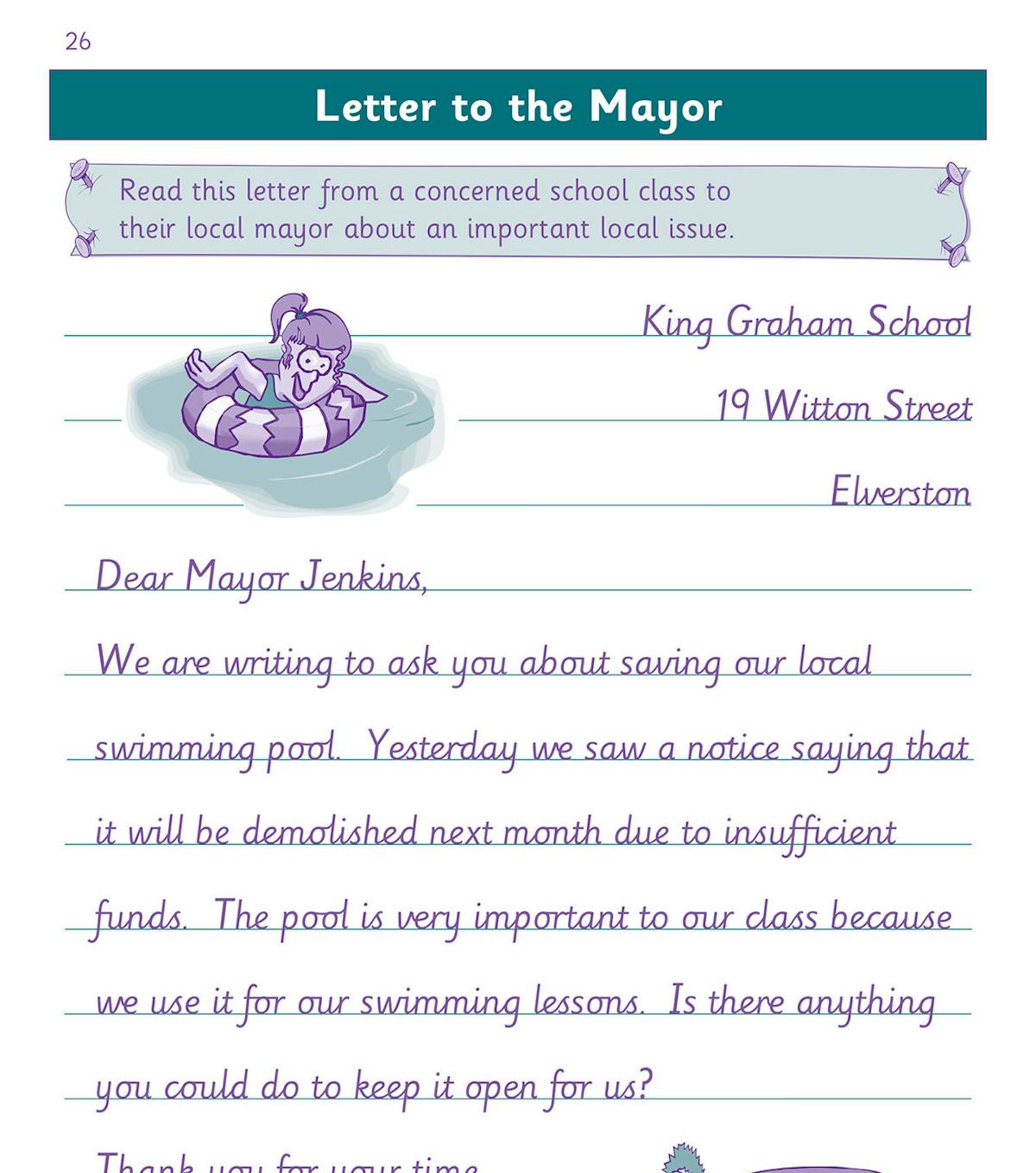 Sample page showing a formal letter with joined handwriting on lined paper