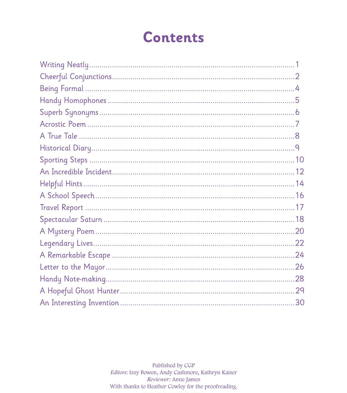 Contents page showing twenty varied handwriting exercises