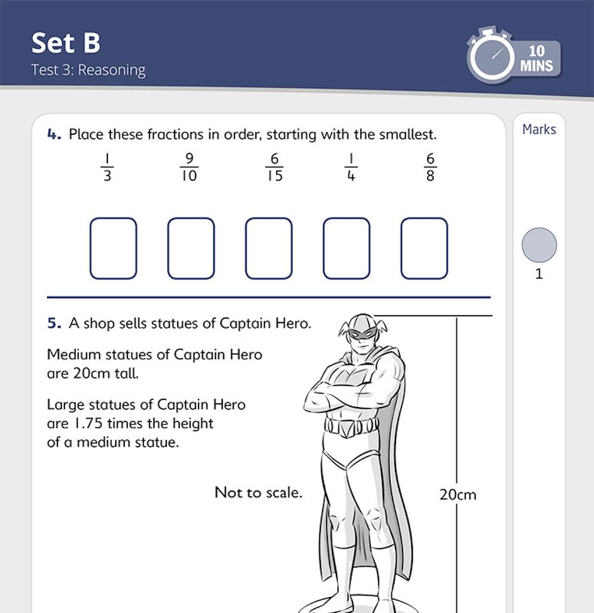 Sample reasoning test page showing fractions and ratio questions