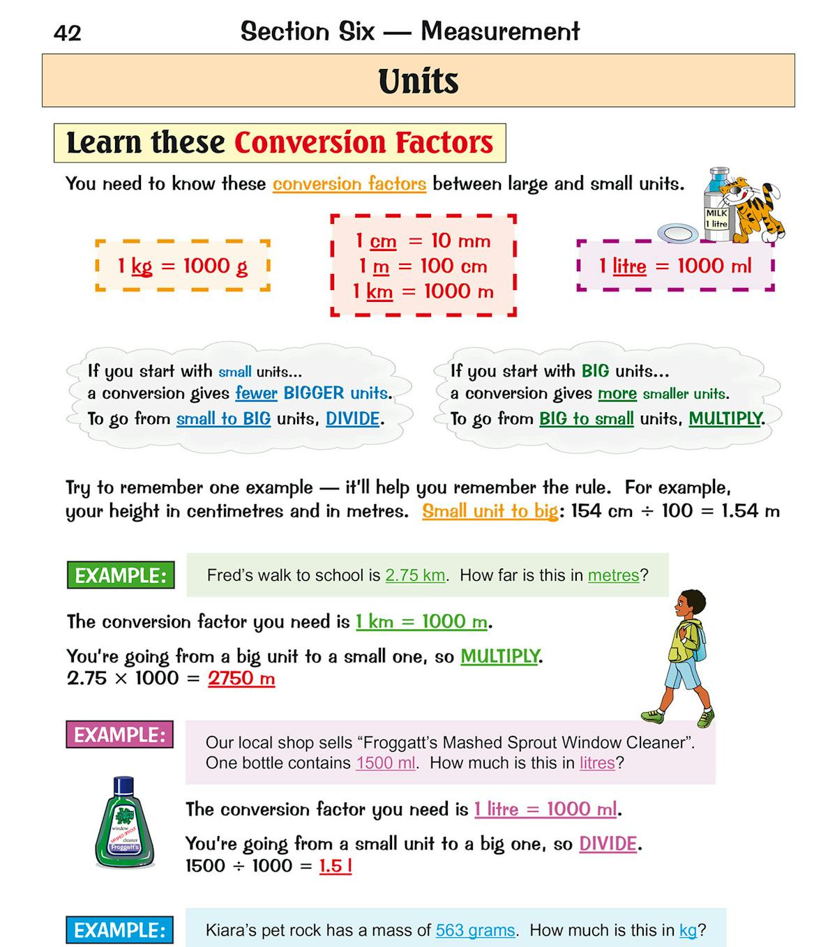 Sample page on units and measurement showing colourful conversion factors and worked examples