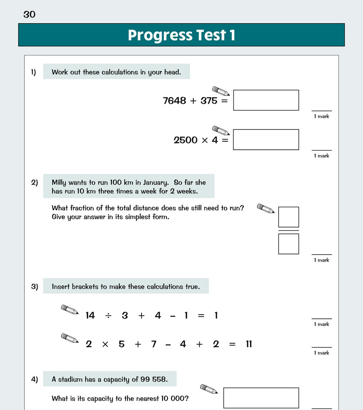 Additional Progress Test page featuring temperature ordering and decimal place value questions