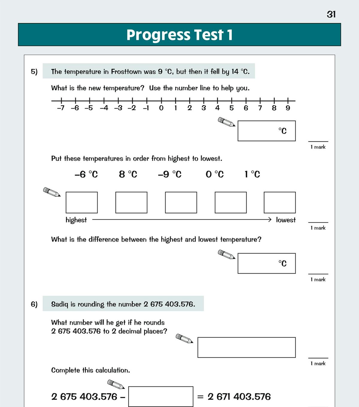 Progress Test pages showing multi-step problem solving and number line exercises