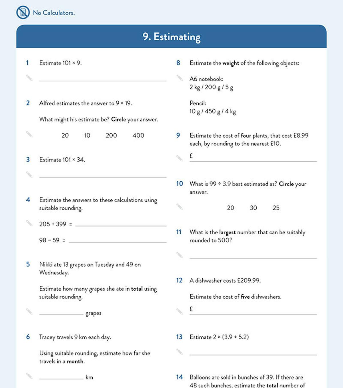 Estimating test page with questions on rounding, approximation and real-world estimation problems