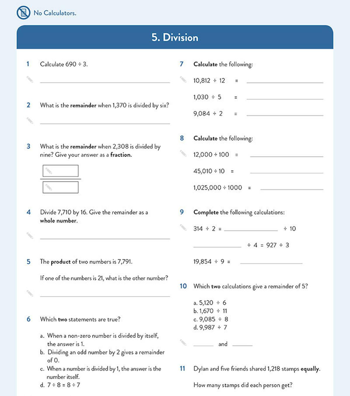 Sample division test page showing twelve questions on division calculations and remainders
