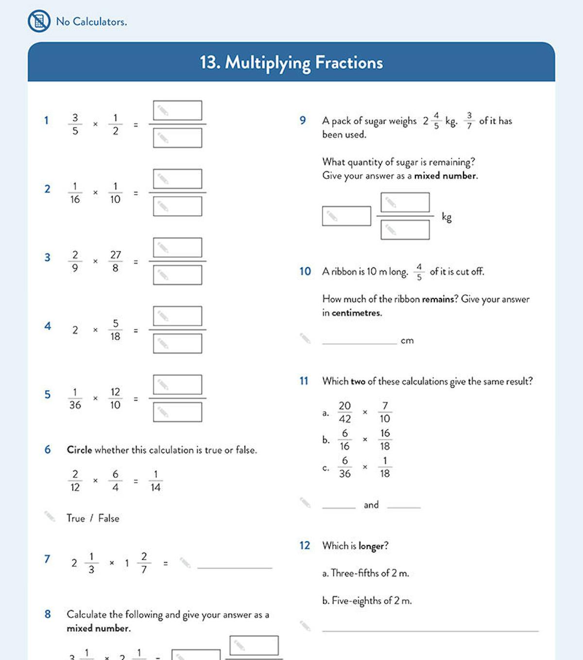 Sample multiplying fractions test page displaying twelve questions on fraction multiplication and mixed numbers