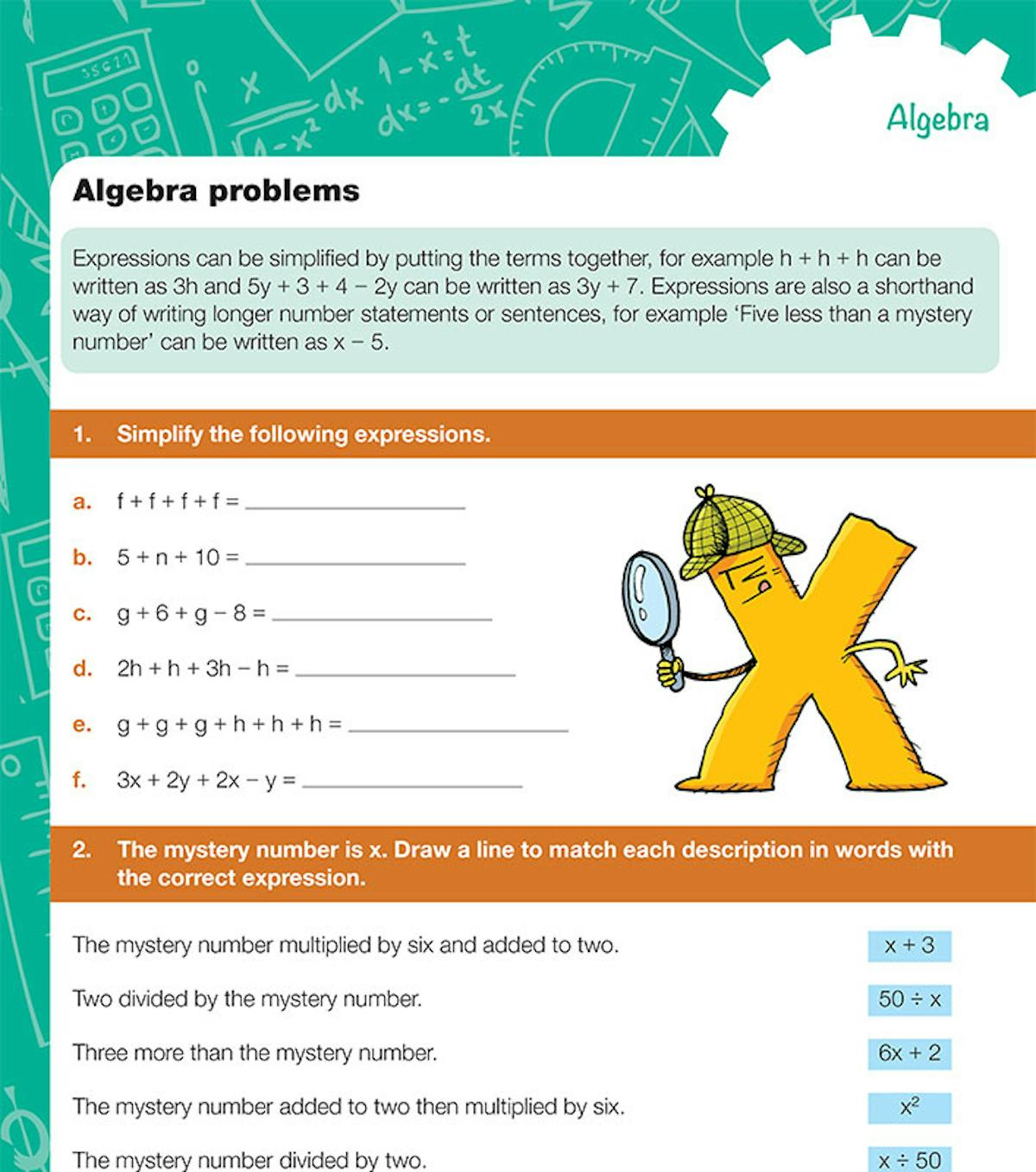 Year 6 Maths Workbook showing algebra problems page with expressions and mystery number exercises