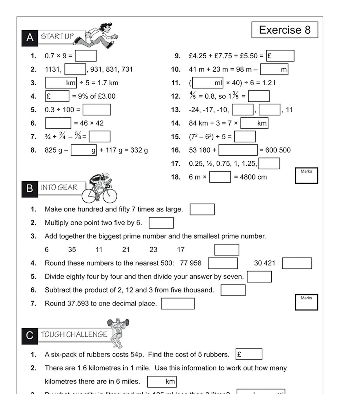 Mental maths workout page showing mixed exercises with Start Up, Into Gear, and Tough Challenge sections