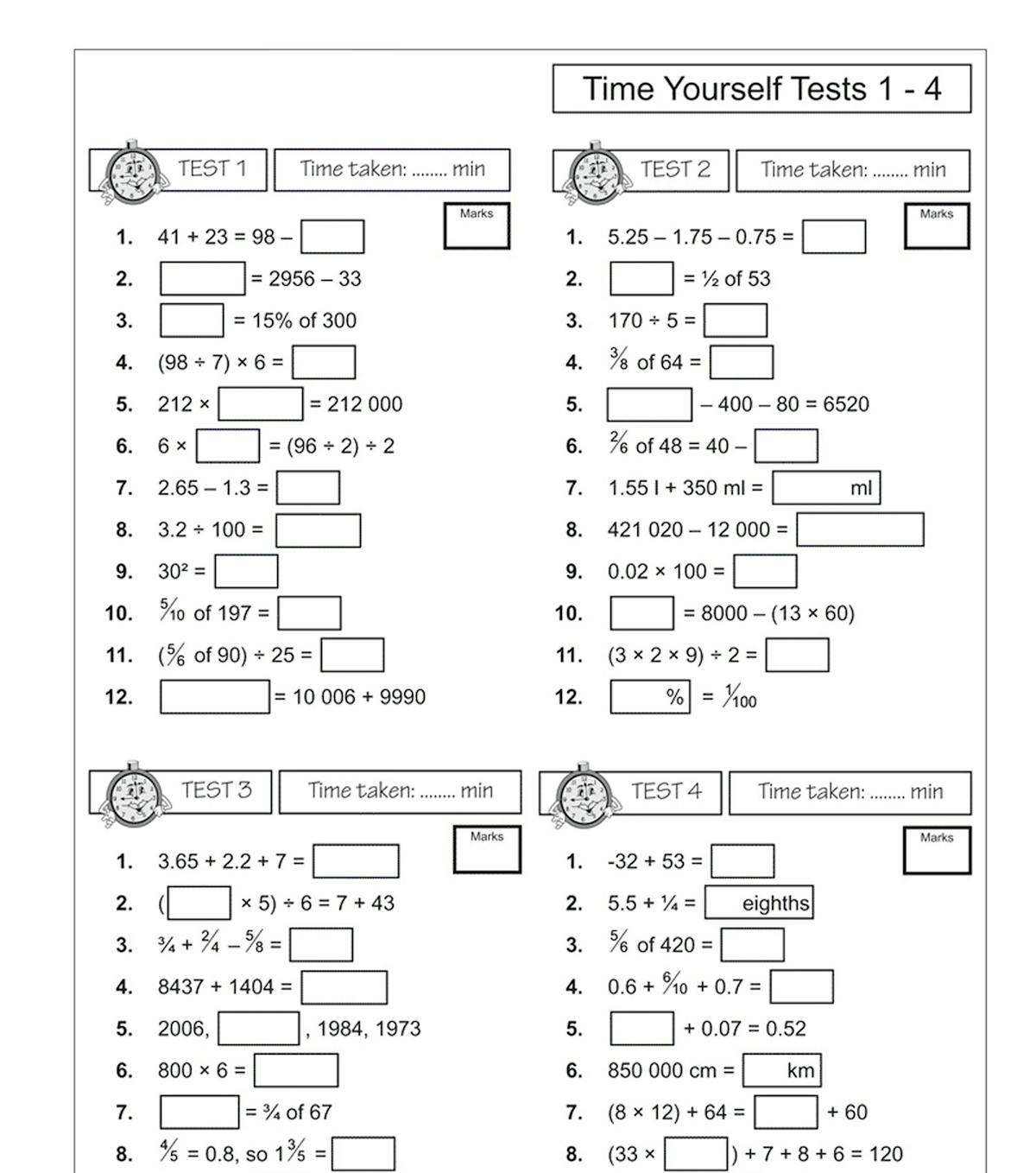 Time Yourself Tests page showing four timed tests with space to record minutes taken and marks
