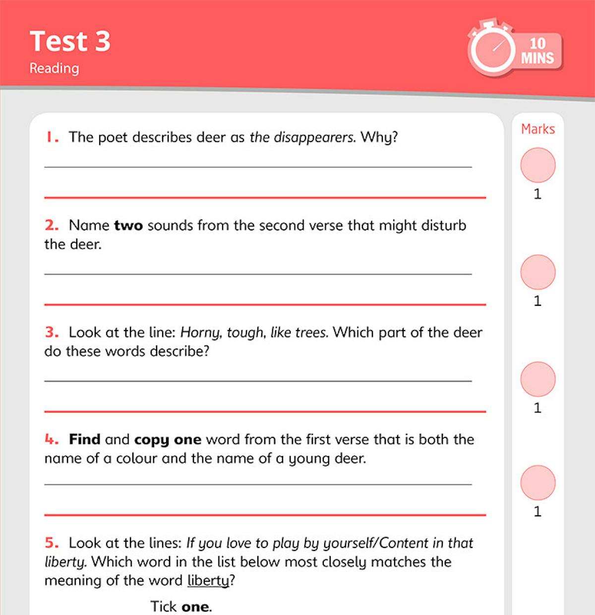 Sample page showing a timed reading comprehension test with questions on poetry