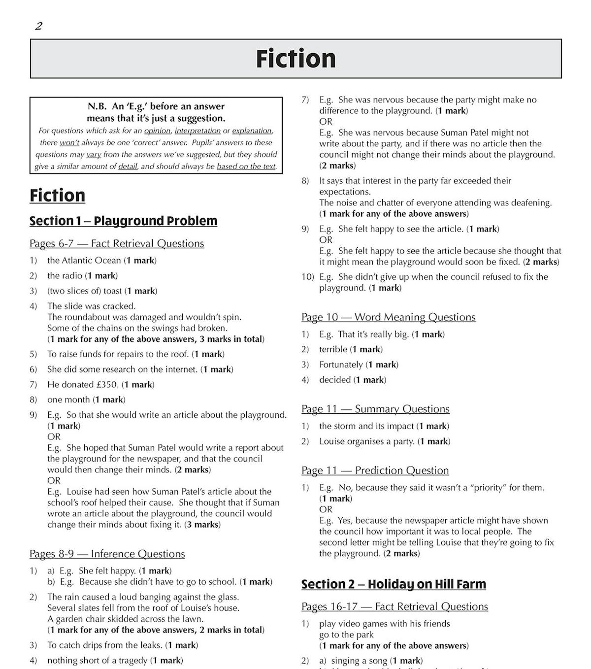 Sample page from the Year 6 Reading SAT Buster Stretch Answers showing Fiction section with detailed mark schemes
