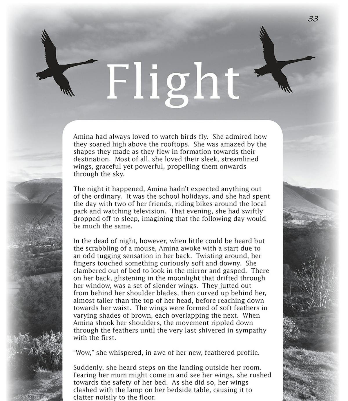Sample fiction passage titled Flight showing a story about a girl named Amina
