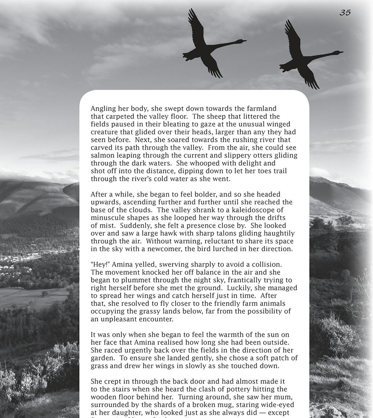 Continuation of the Flight story showing detailed narrative text and a flap instruction