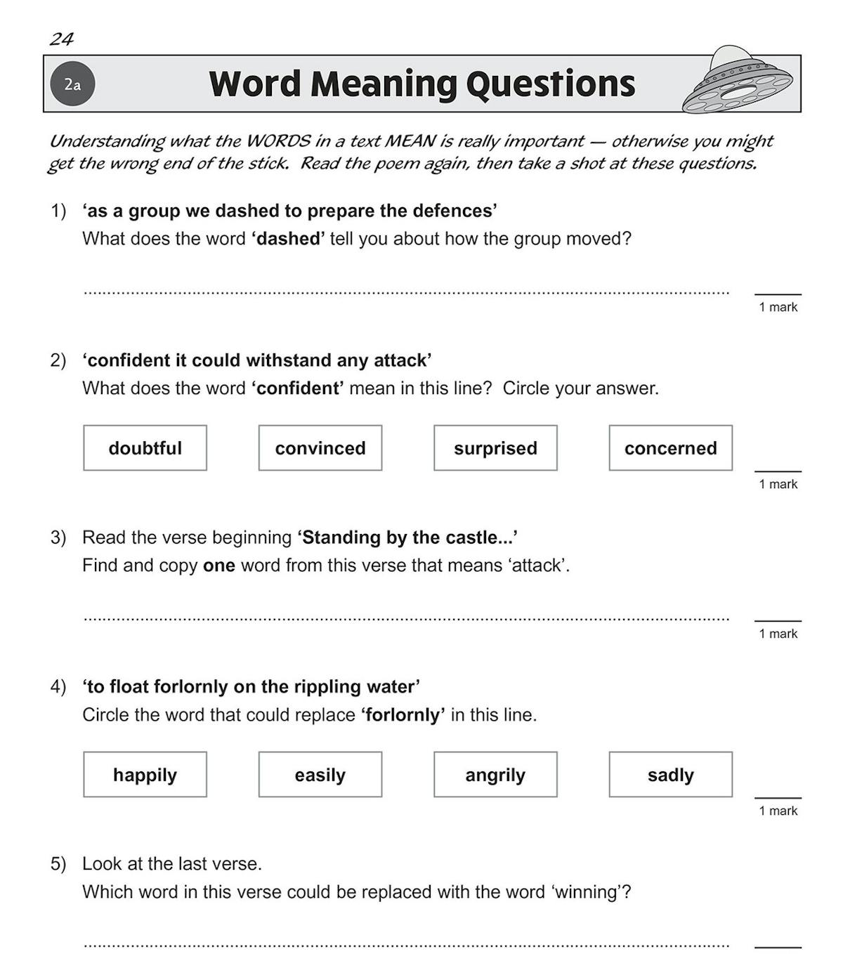 Sample word meaning questions page from Year 6 Reading SAT Buster Stretch Poetry