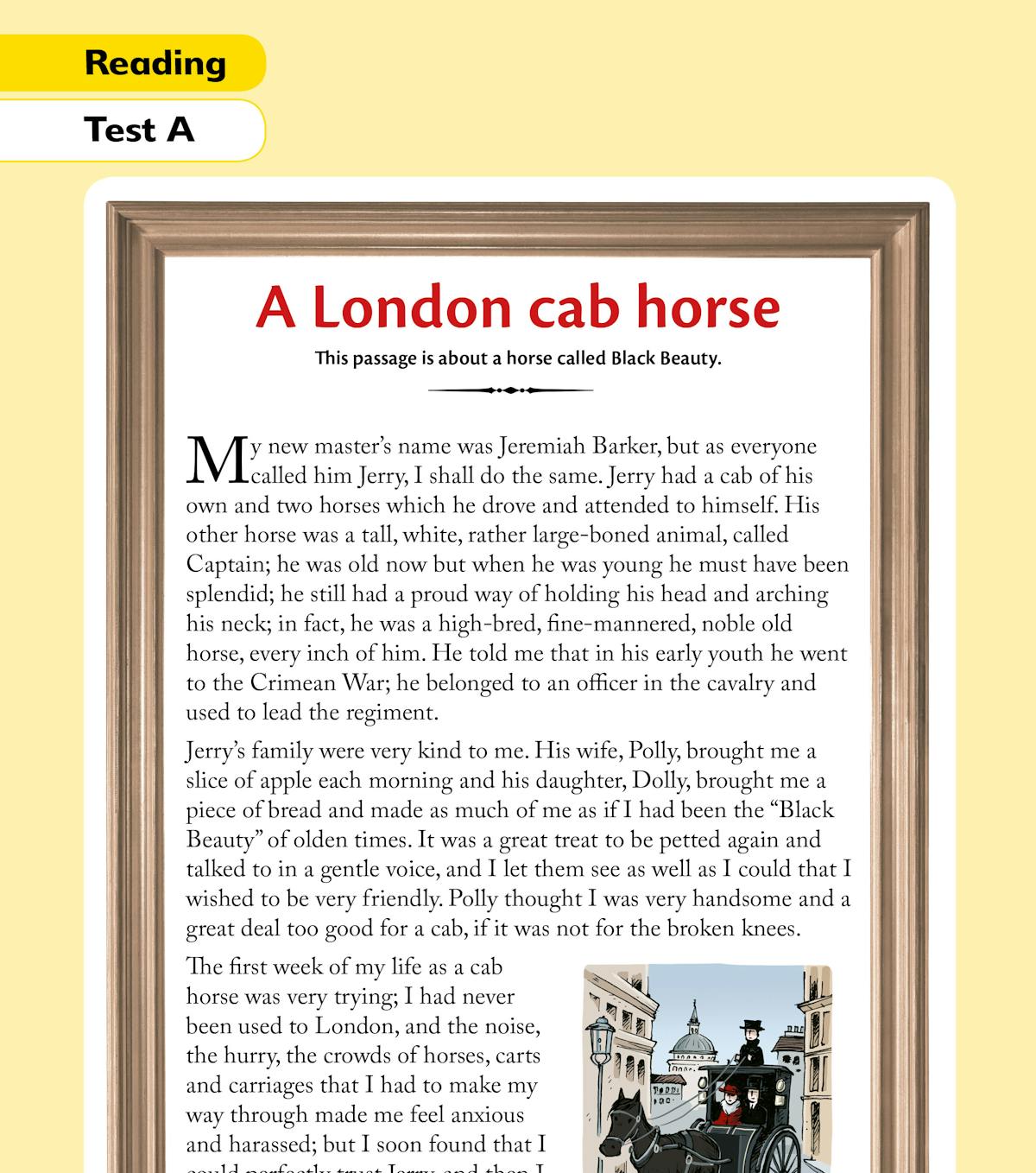 Year 6 Reading SATs Practice Papers book showing Test A with a London cab horse comprehension passage