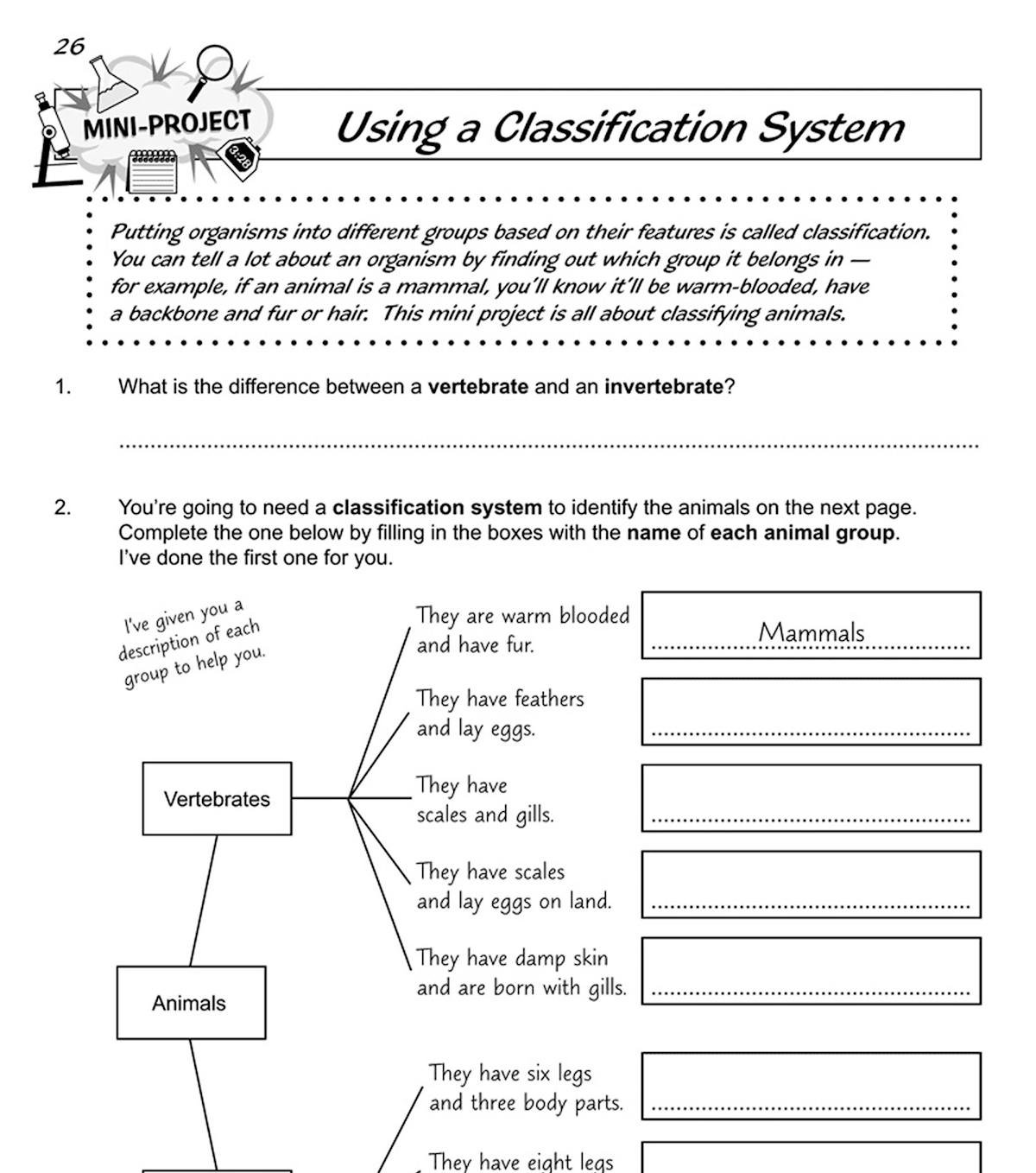 Sample page showing classification system mini-project with vertebrates and invertebrates
