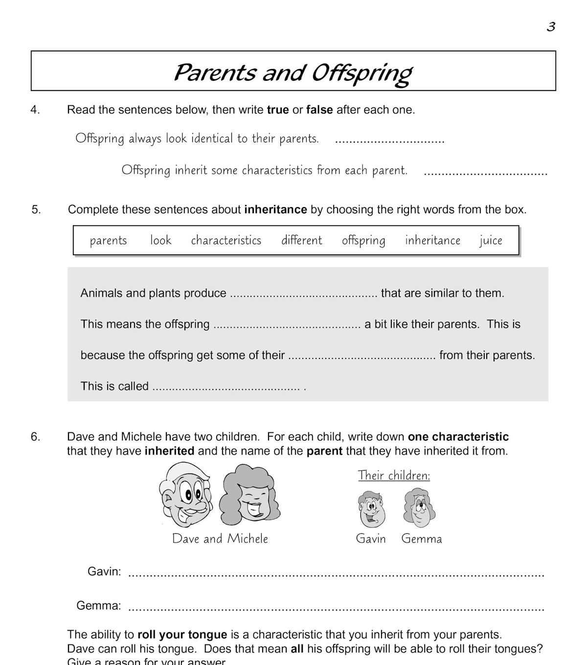 Sample page on parents and offspring showing inheritance questions and illustrations
