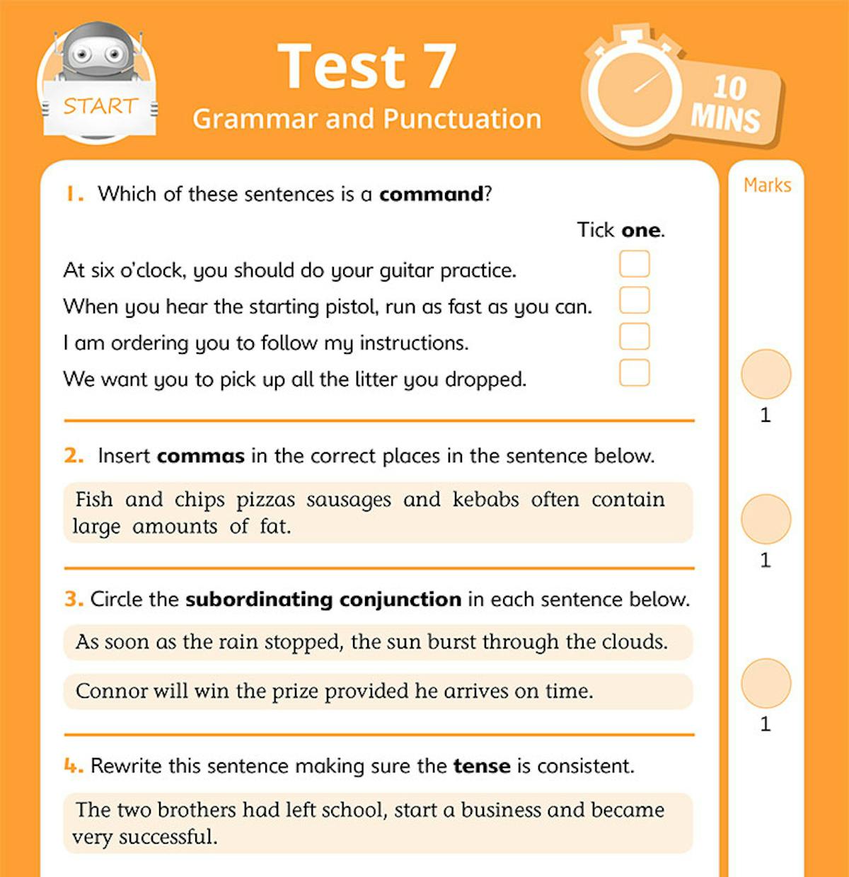 Sample grammar and punctuation test page showing SATs-style questions