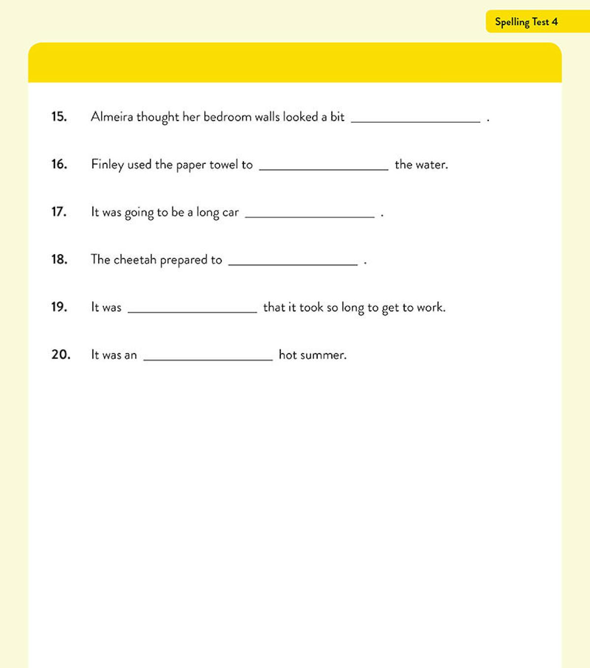 Sample spelling test page with additional questions and score box