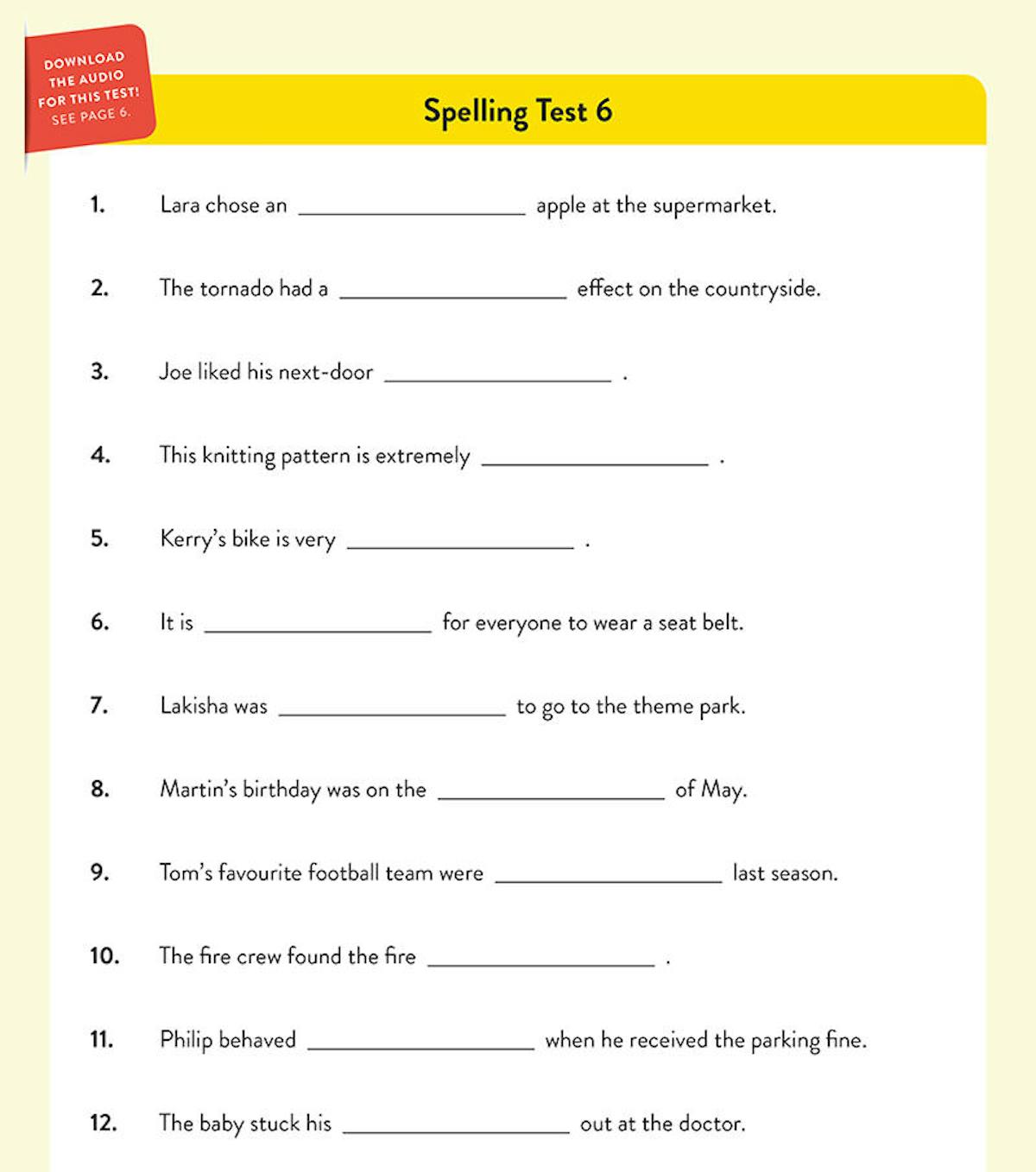 Sample spelling test page showing numbered questions with blanks to fill in