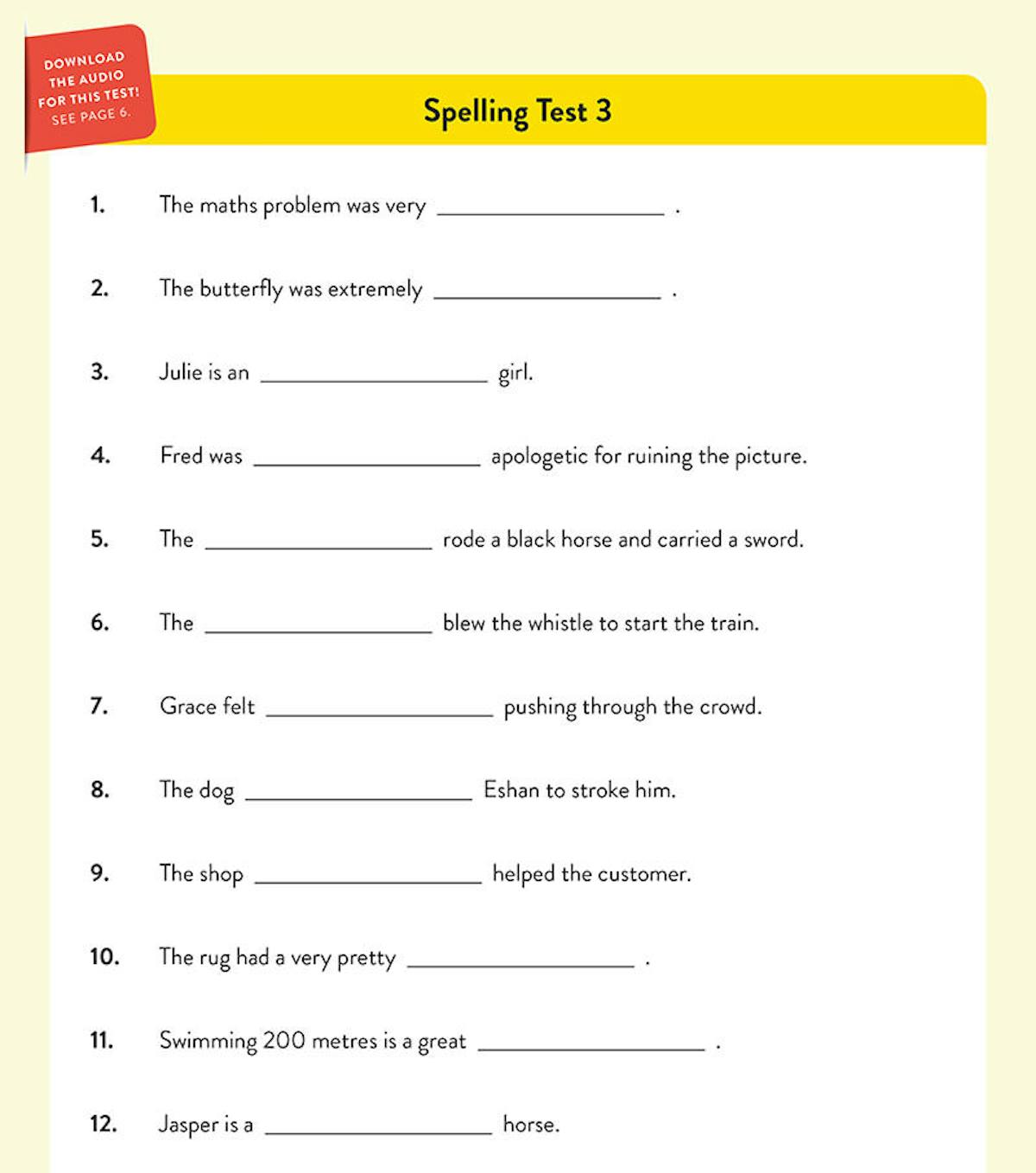 Sample spelling test page showing numbered sentences with blank spaces for pupils to complete
