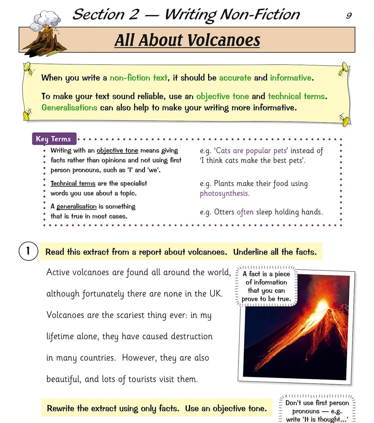 Sample page showing non-fiction writing activities on volcanoes