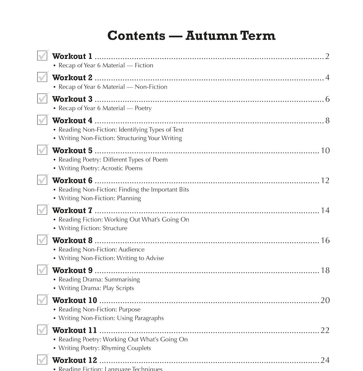 Contents page from Year 7 English 10-Minute Weekly Workouts showing autumn term workouts