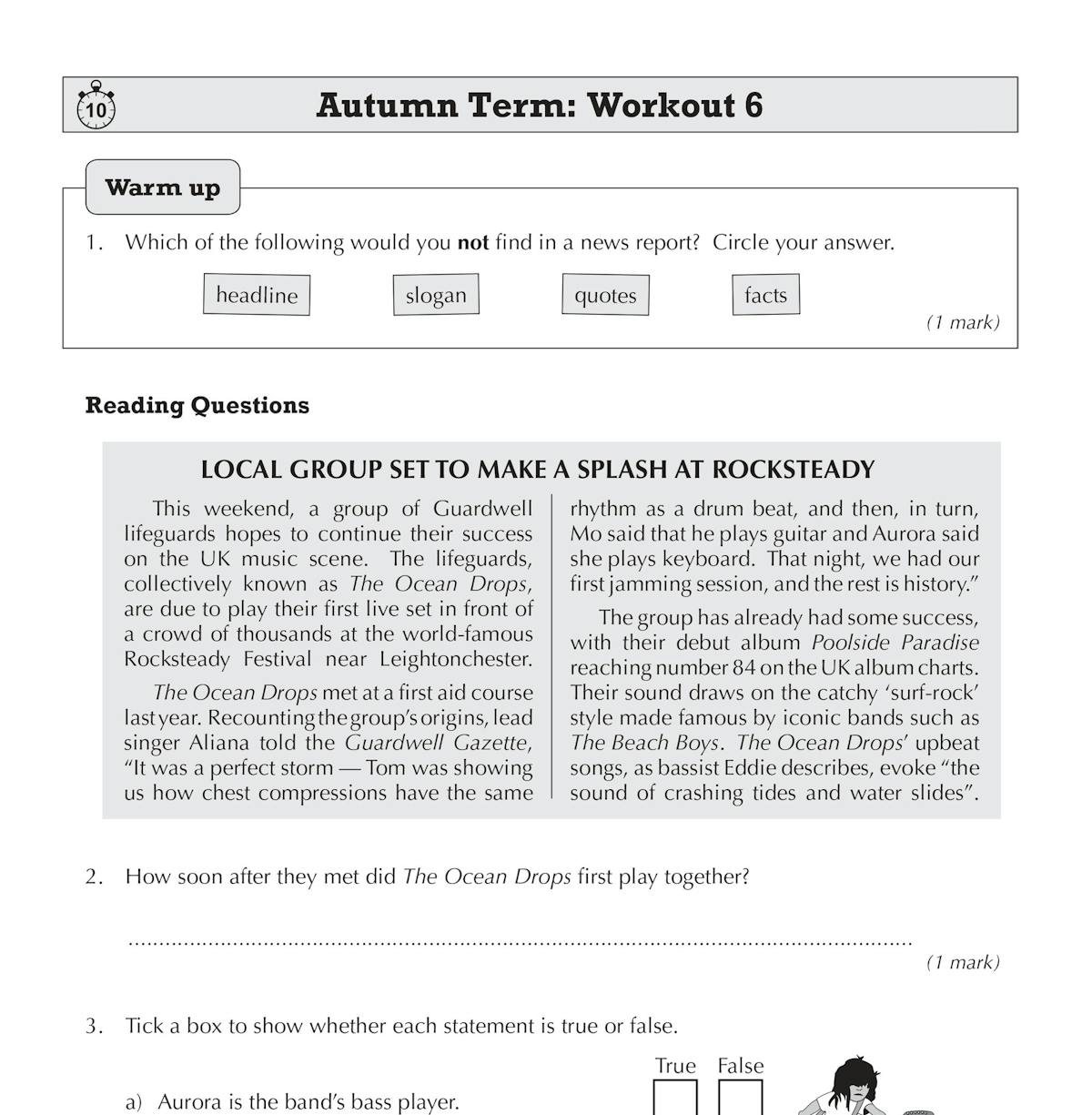 Sample workout page showing reading comprehension questions based on a news article about a local band