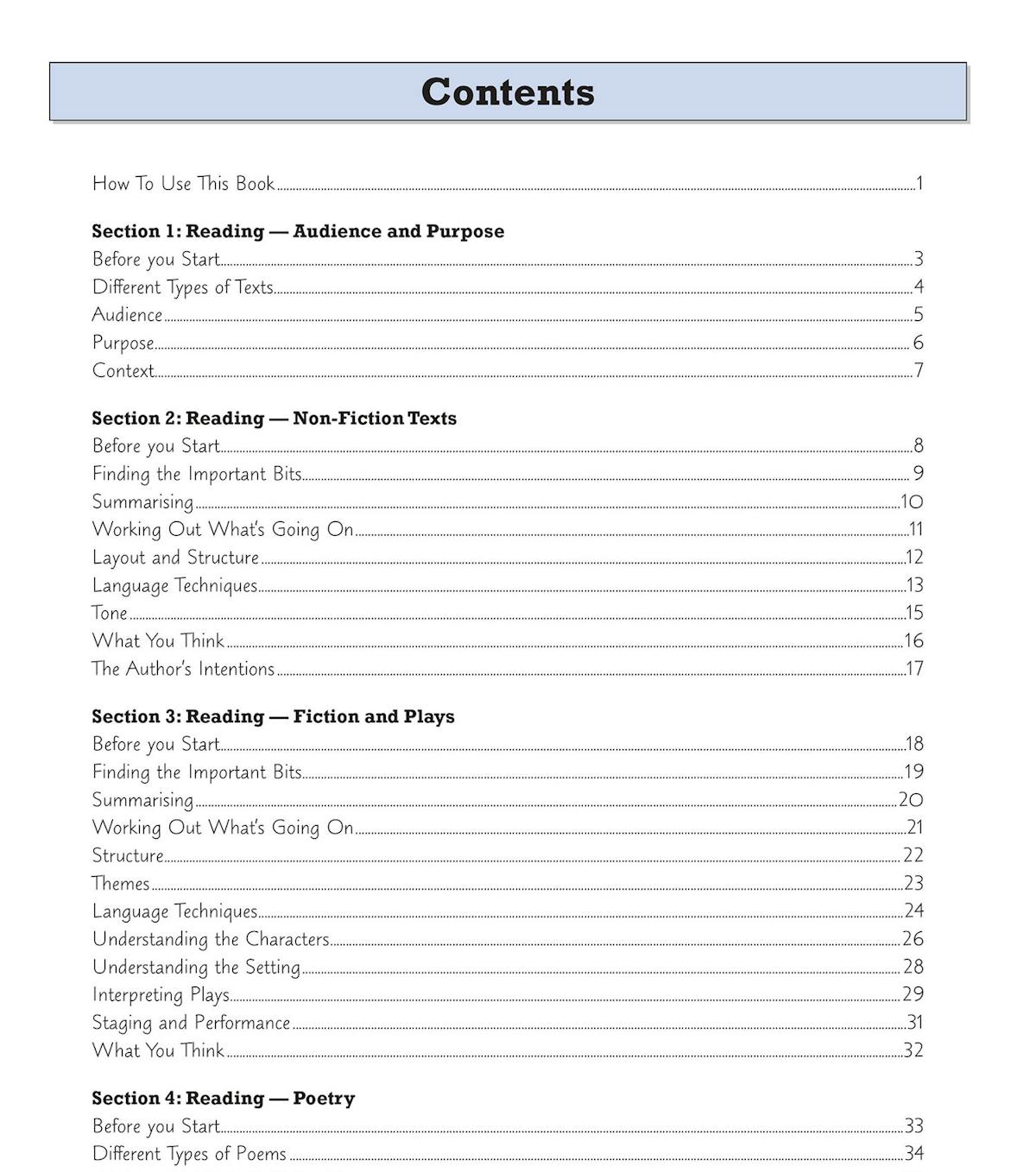 Contents page from Year 7 English Targeted Workbook showing reading and writing topics