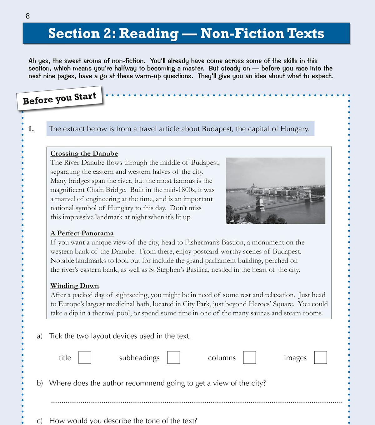 Sample non-fiction reading exercise with comprehension questions