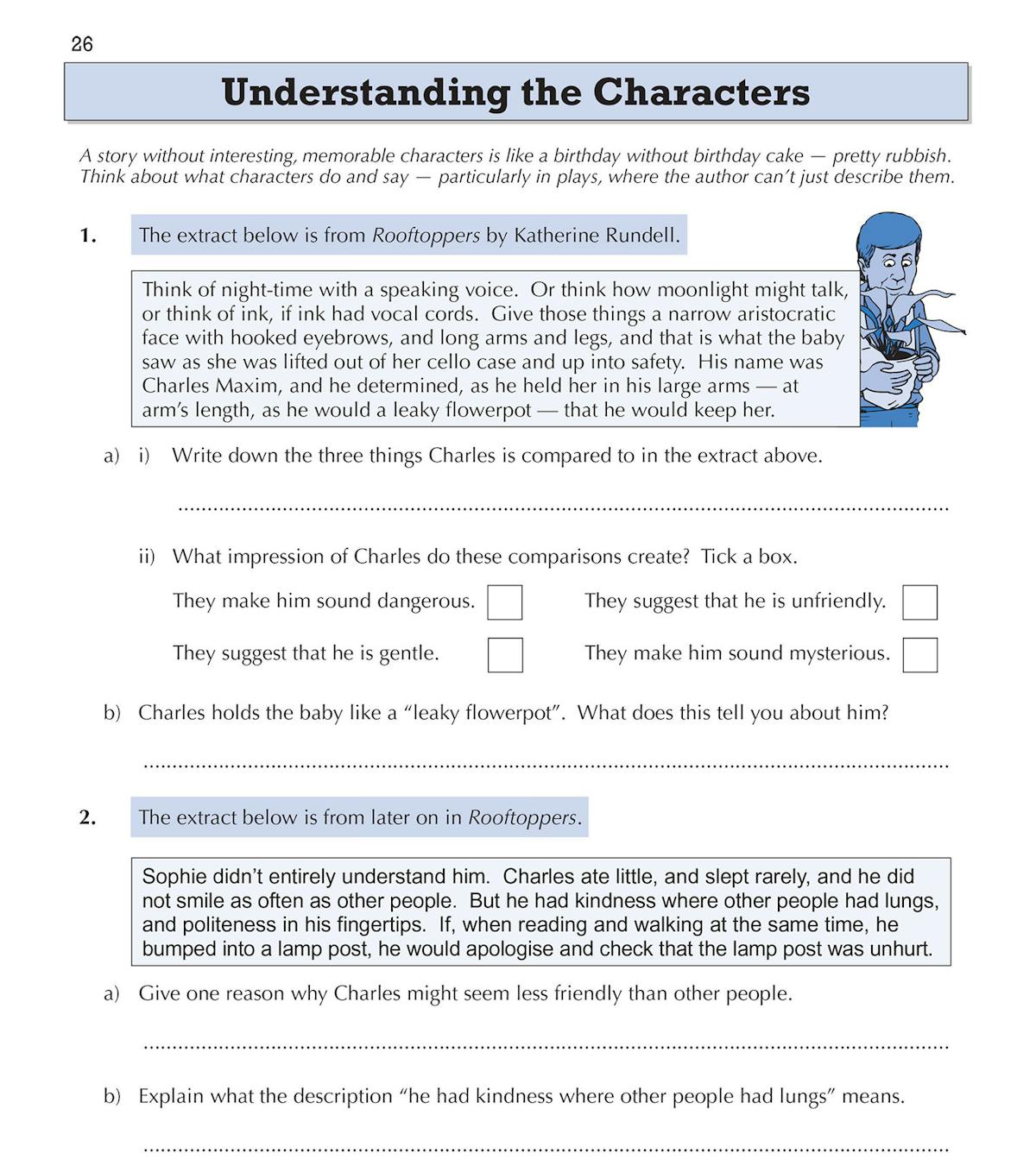 Sample page showing Understanding the Characters with extract from Rooftoppers by Katherine Rundell