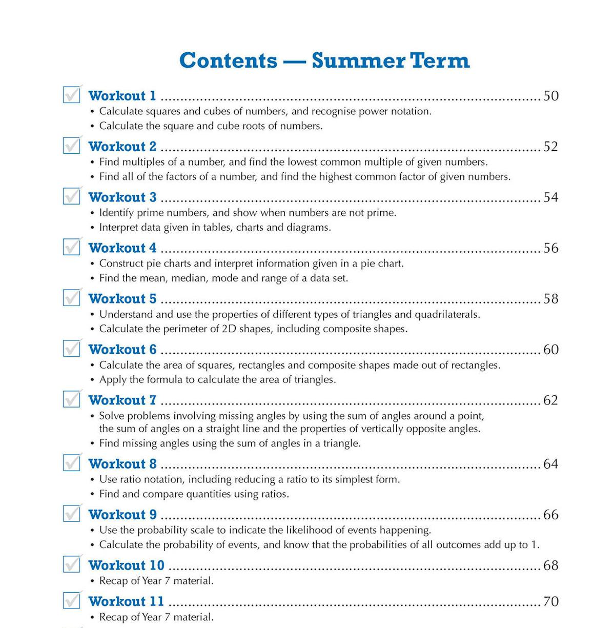 Contents page for Summer Term showing workout topics including squares and cubes, multiples and factors, prime numbers, data interpretation, triangles, area, angles, ratio and probability