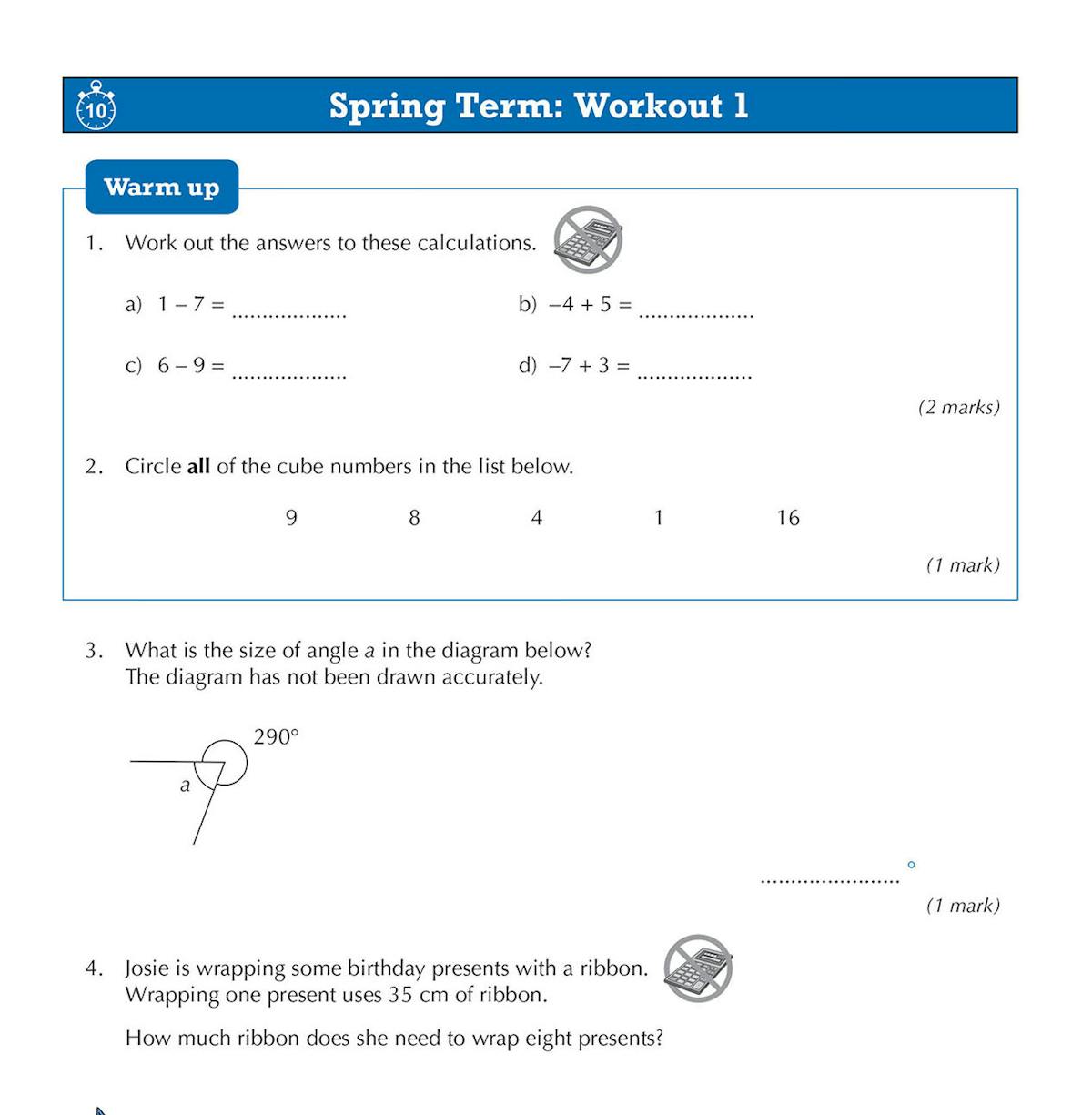 Sample workout page showing warm-up questions on calculations, cube numbers, angle problems and problem-solving with ribbon