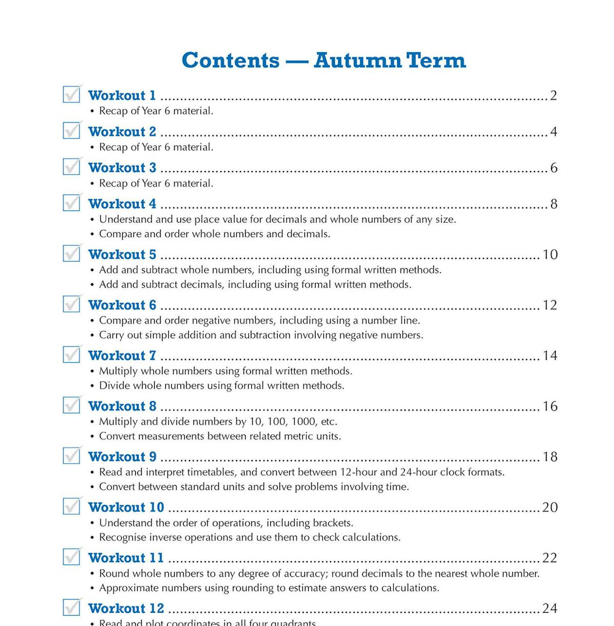 Year 7 Maths 10-Minute Weekly Workouts contents page showing autumn term schedule