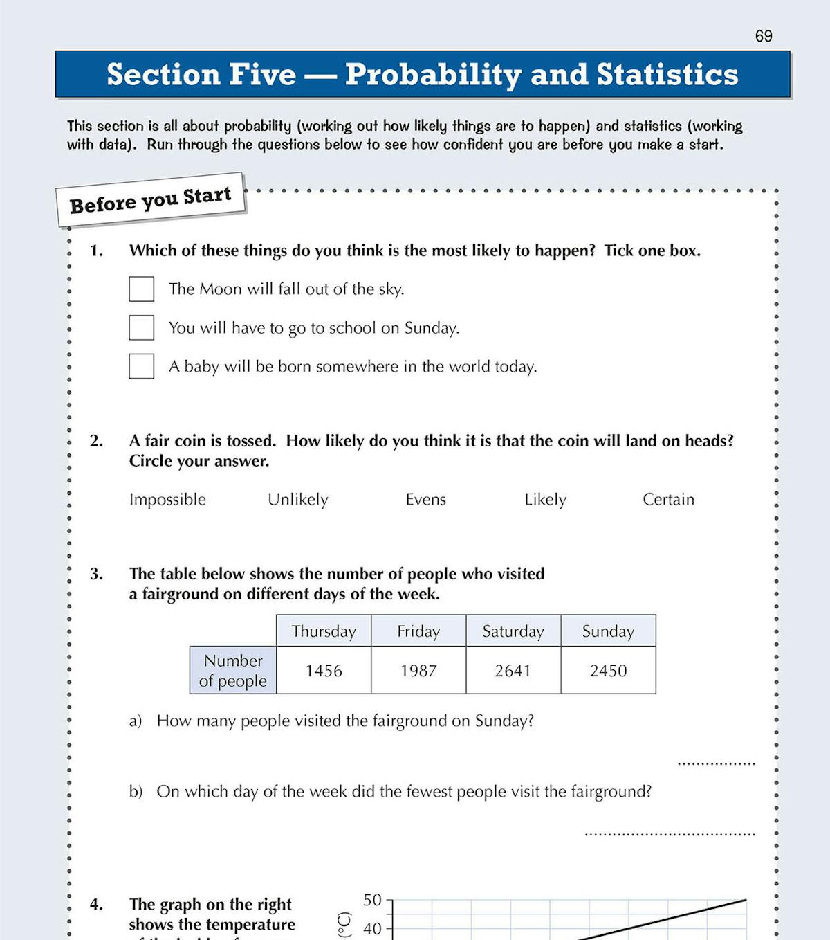 Inside page showing probability and statistics warm-up questions